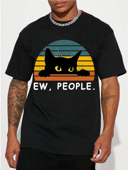 Fashion Forward Mens Black Cat Print T-Shirt - Stylish Hip Hop Crew Neck Tee for Summer Vacations & Unique Gifts - Comfortable - WILKYs