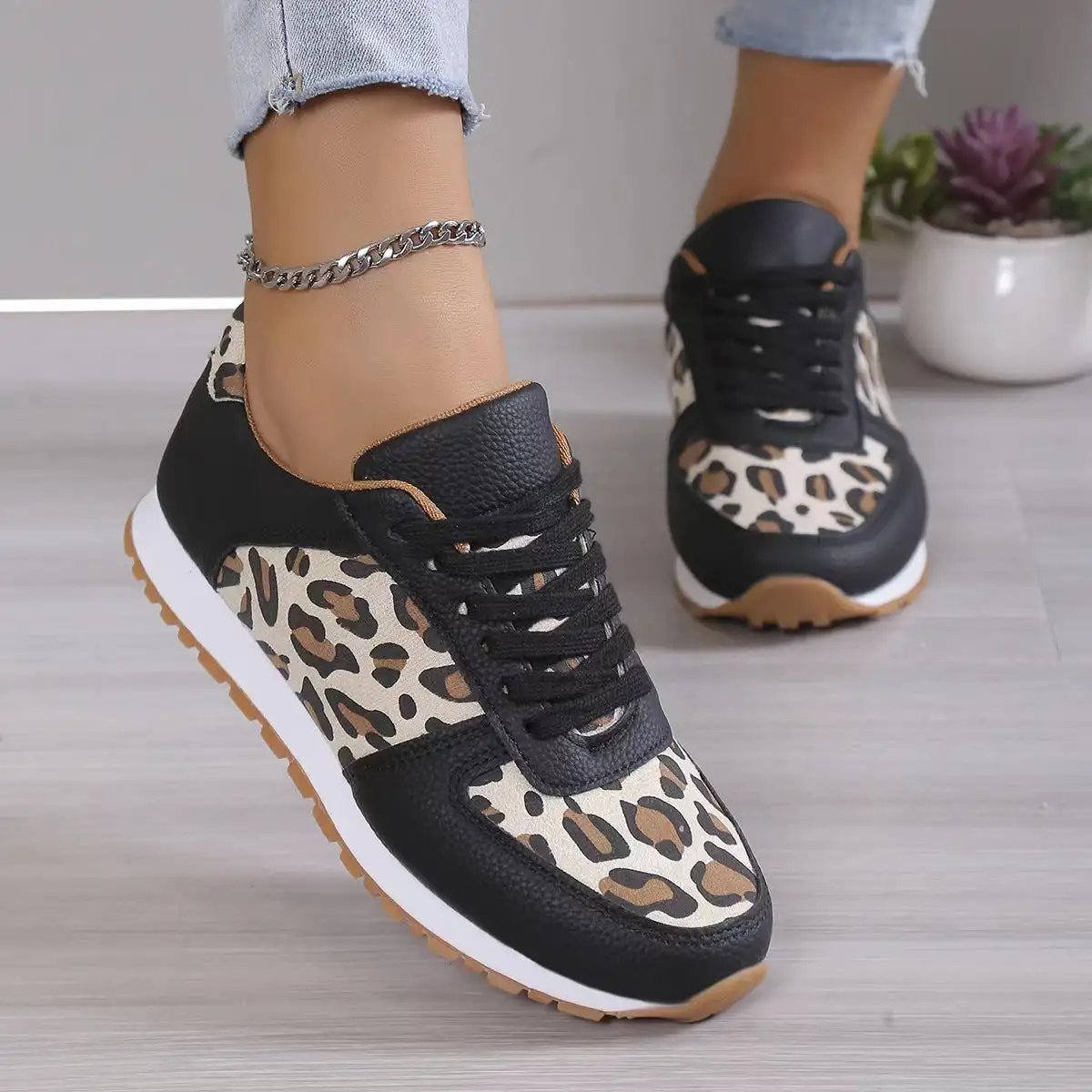 Fashion Leopard Print Lace - up Sports Shoes For Women Sneakers Casual Running Walking Flat Shoes - WILKYs