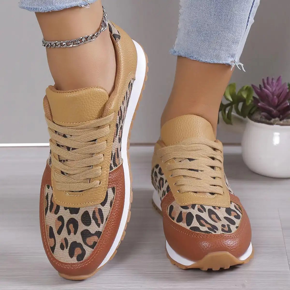 Fashion Leopard Print Lace - up Sports Shoes For Women Sneakers Casual Running Walking Flat Shoes - WILKYs