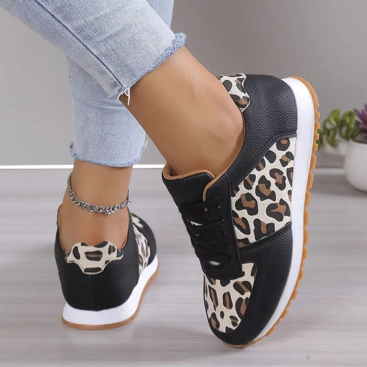 Fashion Leopard Print Lace - up Sports Shoes For Women Sneakers Casual Running Walking Flat Shoes - WILKYs