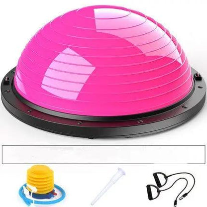 Pink Pilates yoga ball with accessories including an air pump, air plug, and resistance bands.