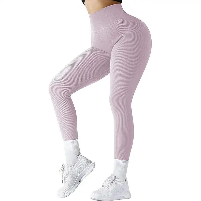 High Waist Seamless Leggings Threaded Knitted Fitness Pants Solid Women's Slimming Sports Yoga Pants Elastic Running Sport Leggings - WILKYs