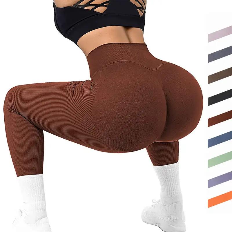 High Waist Seamless Leggings Threaded Knitted Fitness Pants Solid Women's Slimming Sports Yoga Pants Elastic Running Sport Leggings - WILKYs