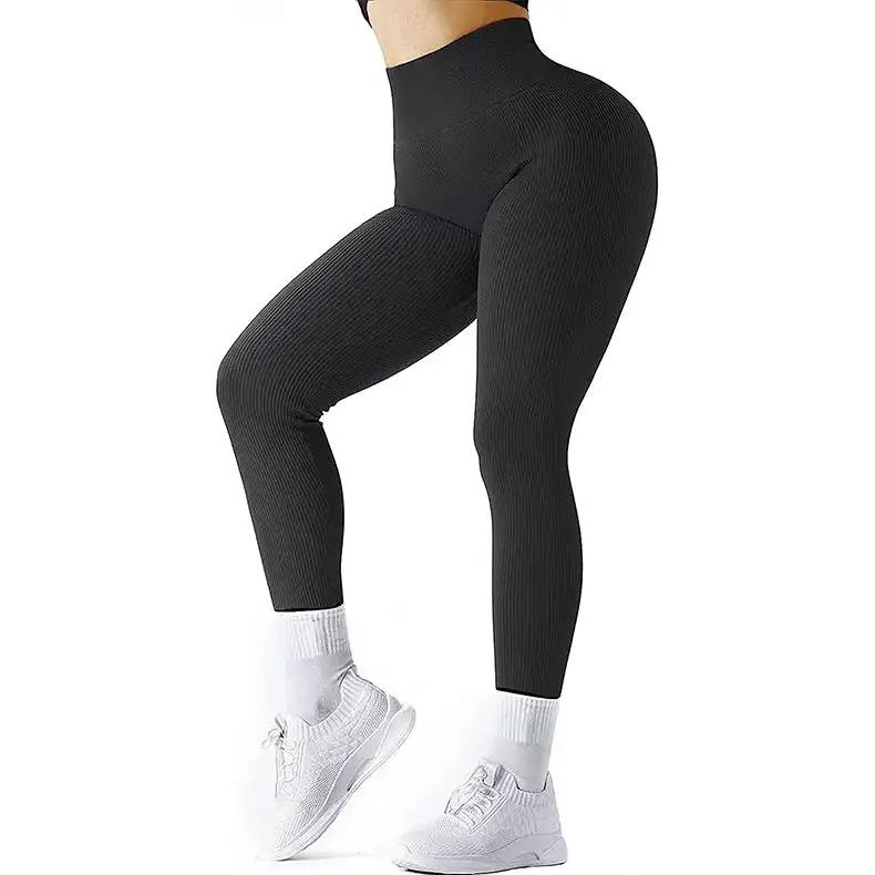 High Waist Seamless Leggings Threaded Knitted Fitness Pants Solid Women's Slimming Sports Yoga Pants Elastic Running Sport Leggings - WILKYs