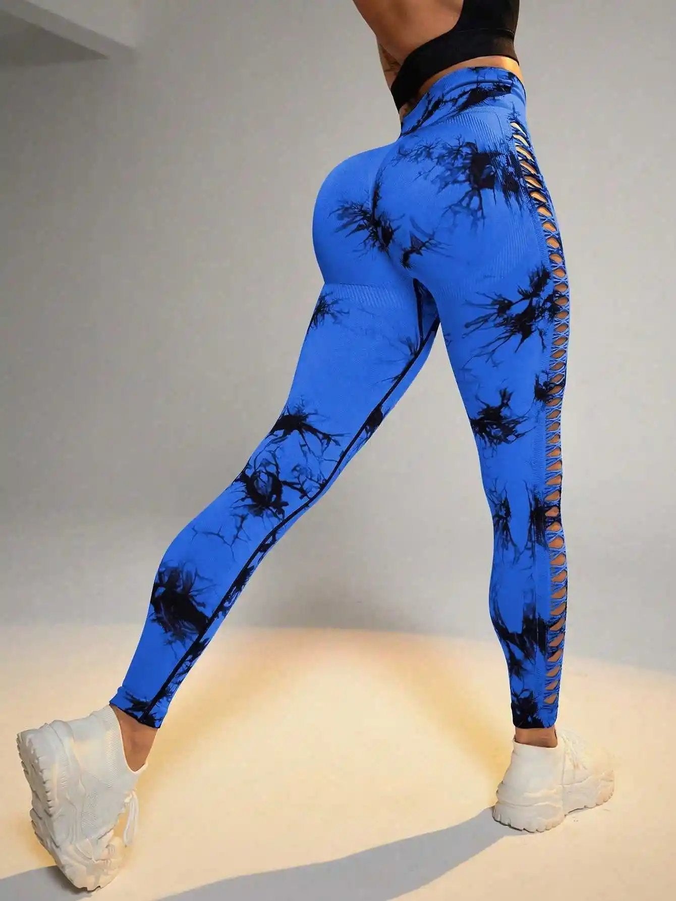 Hollow Tie Dye Printed Yoga Pants High Waist Butt Lift Seamless Sports Gym Fitness Leggings Slim Pants For Women Tight Trousers - WILKYs
