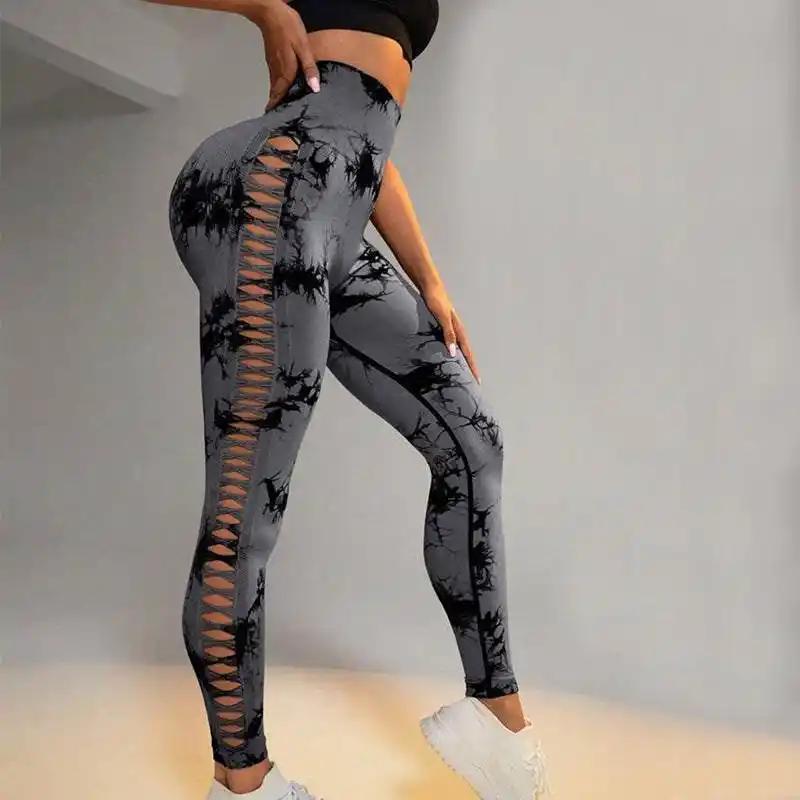 Hollow Tie Dye Printed Yoga Pants High Waist Butt Lift Seamless Sports Gym Fitness Leggings Slim Pants For Women Tight Trousers - WILKYs