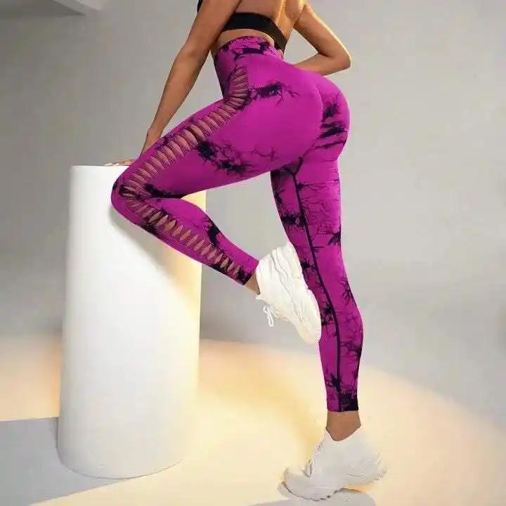 Hollow Tie Dye Printed Yoga Pants High Waist Butt Lift Seamless Sports Gym Fitness Leggings Slim Pants For Women Tight Trousers - WILKYs