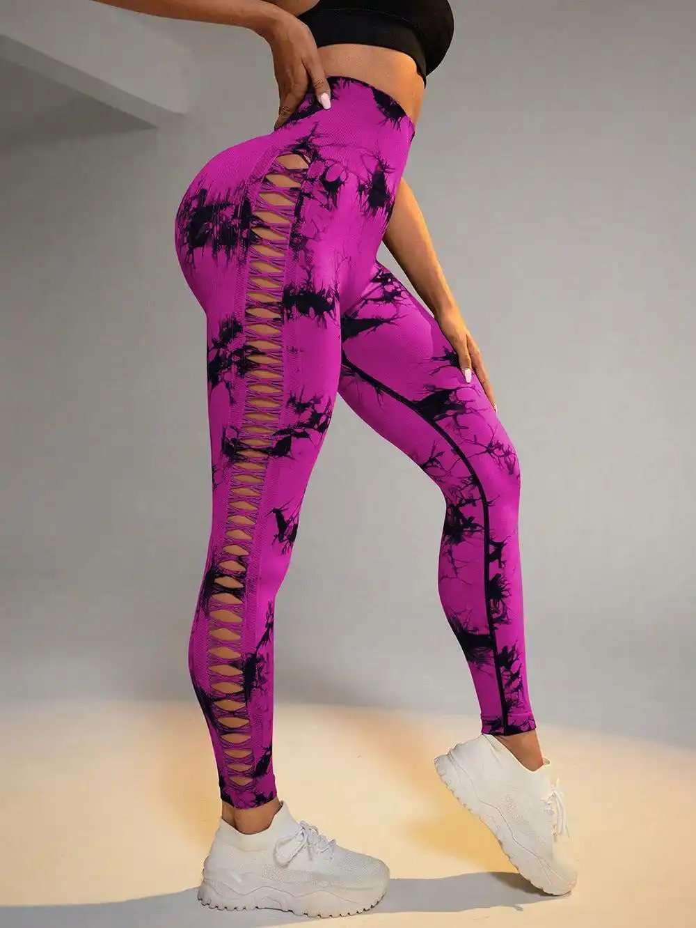 Hollow Tie Dye Printed Yoga Pants High Waist Butt Lift Seamless Sports Gym Fitness Leggings Slim Pants For Women Tight Trousers - WILKYs
