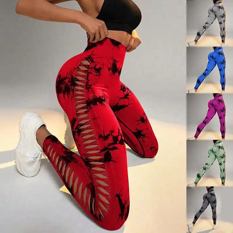 Hollow Tie Dye Printed Yoga Pants High Waist Butt Lift Seamless Sports Gym Fitness Leggings Slim Pants For Women Tight Trousers - WILKYs