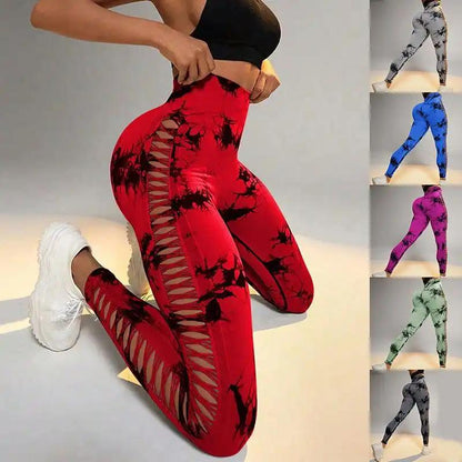 Hollow Tie Dye Printed Yoga Pants High Waist Butt Lift Seamless Sports Gym Fitness Leggings Slim Pants For Women Tight Trousers - WILKYs