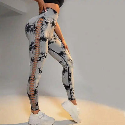 Hollow Tie Dye Printed Yoga Pants High Waist Butt Lift Seamless Sports Gym Fitness Leggings Slim Pants For Women Tight Trousers - WILKYs