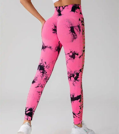Hollow Tie Dye Printed Yoga Pants High Waist Butt Lift Seamless Sports Gym Fitness Leggings Slim Pants For Women Tight Trousers - WILKYs