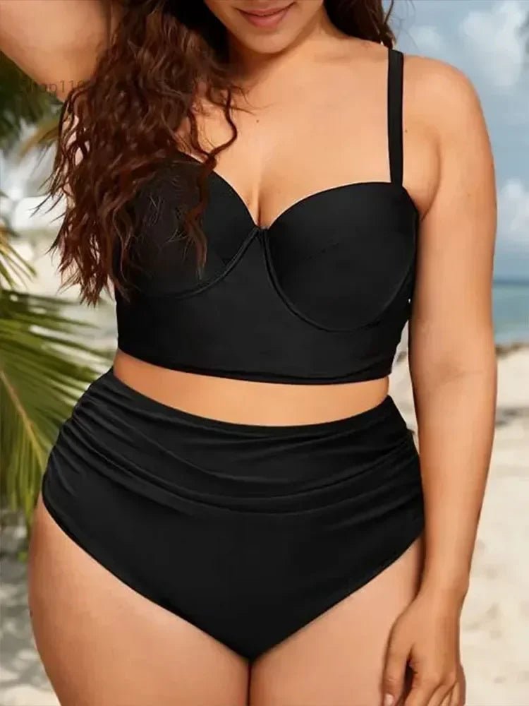 Large monochrome bikini, women's enhancement, two - piece high waisted swimsuit, beach clothing, 2024 - WILKYs