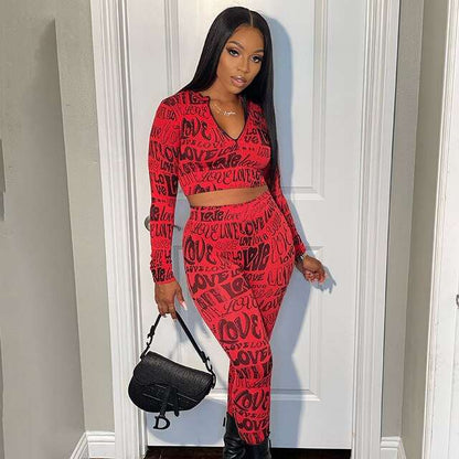 Letter Print Tracksuit Two Piece Set Sweatsuit - WILKYs