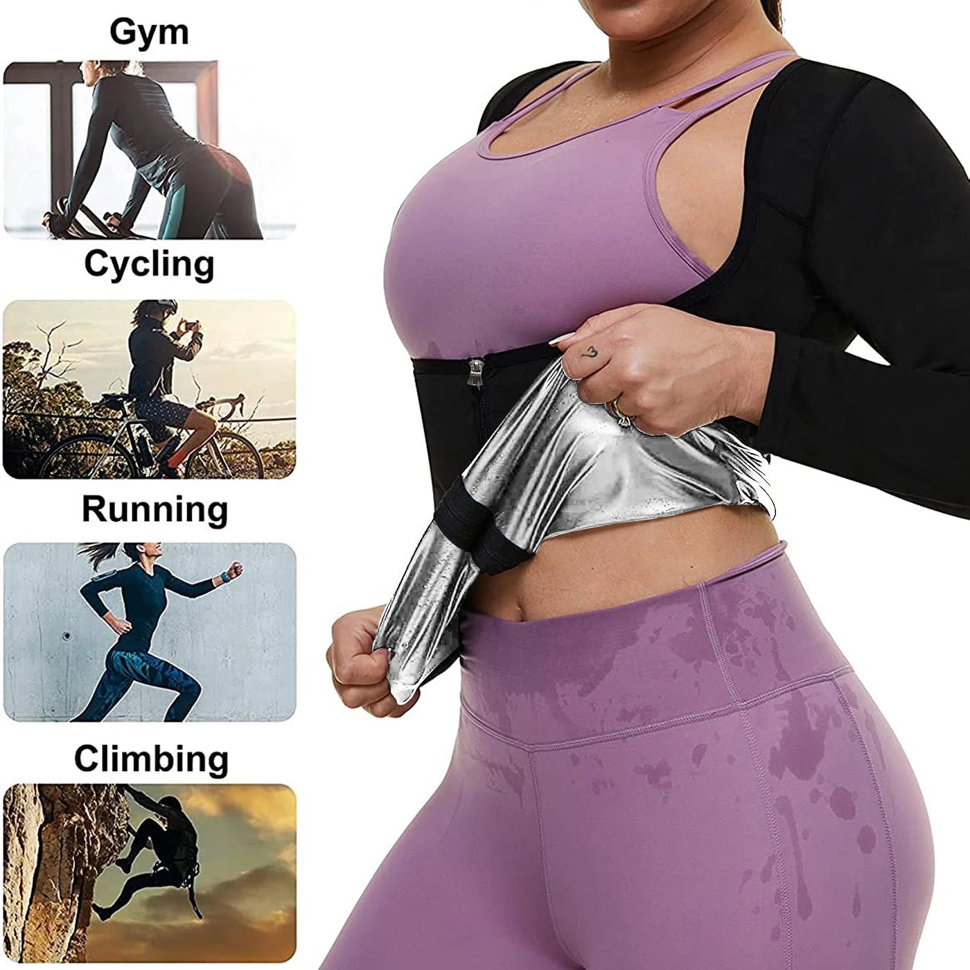 LISA SWEAT Sauna Suit for Women Sweat Body Shaper Hot Waist Trainer Long Sleeve Zipper Shirt Workout Top Silver - WILKYs