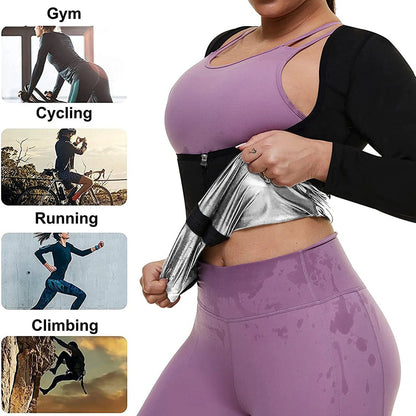 LISA SWEAT Sauna Suit for Women Sweat Body Shaper Hot Waist Trainer Long Sleeve Zipper Shirt Workout Top Silver - WILKYs