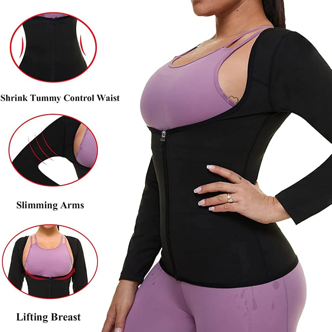 LISA SWEAT Sauna Suit for Women Sweat Body Shaper Hot Waist Trainer Long Sleeve Zipper Shirt Workout Top Silver - WILKYs