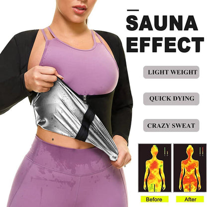 LISA SWEAT Sauna Suit for Women Sweat Body Shaper Hot Waist Trainer Long Sleeve Zipper Shirt Workout Top Silver - WILKYs
