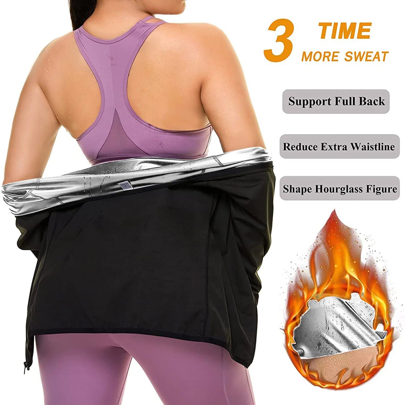 LISA SWEAT Sauna Suit for Women Sweat Body Shaper Hot Waist Trainer Long Sleeve Zipper Shirt Workout Top Silver - WILKYs