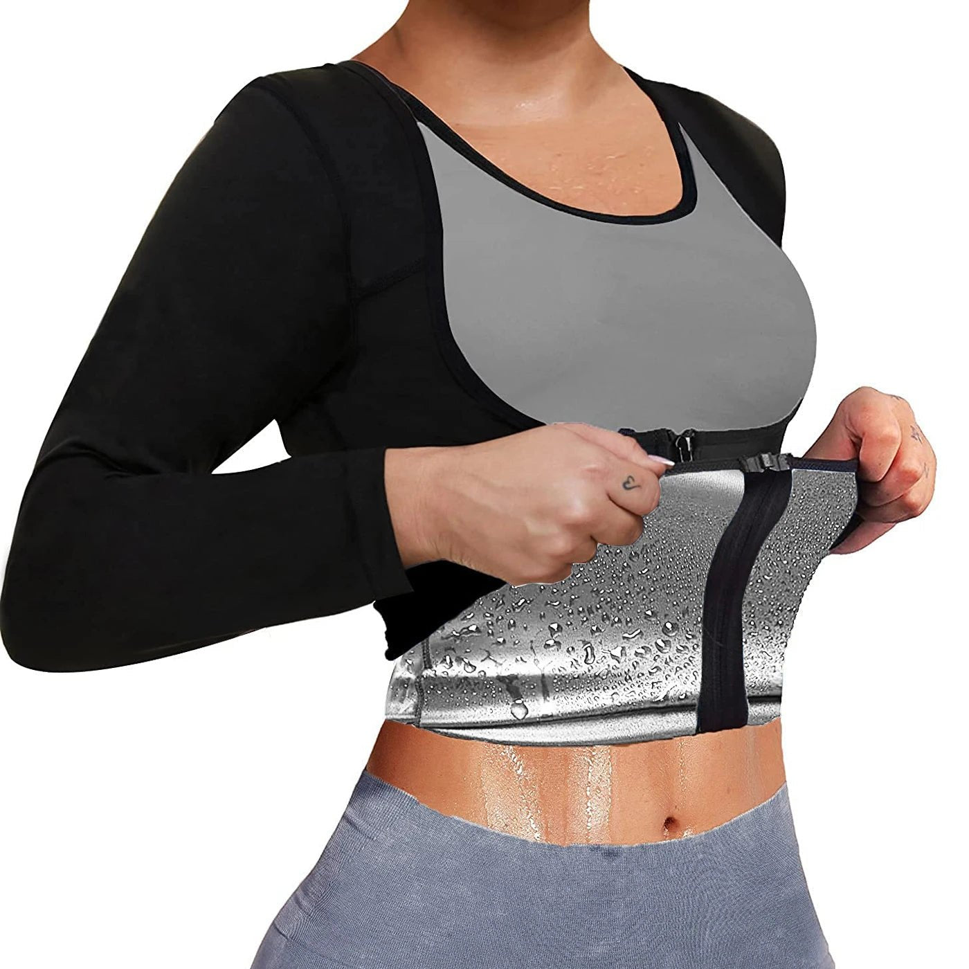 LISA SWEAT Sauna Suit for Women Sweat Body Shaper Hot Waist Trainer Long Sleeve Zipper Shirt Workout Top Silver - WILKYs