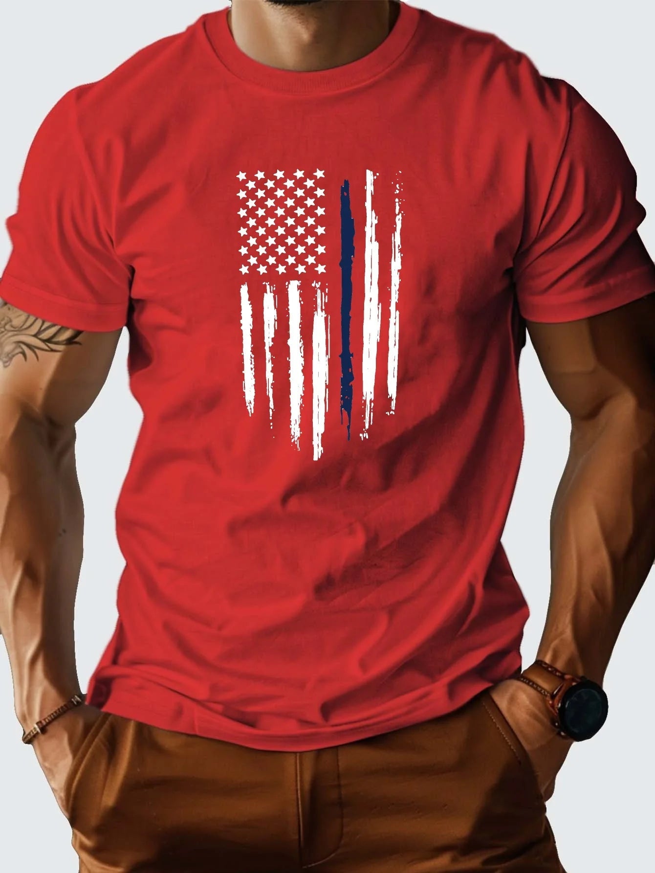 Men's 100% Cotton Flag Graphic Print T-shirt, Casual Short Sleeve Crew Neck Tee, Men's Clothing For Summer Outdoor - WILKYs