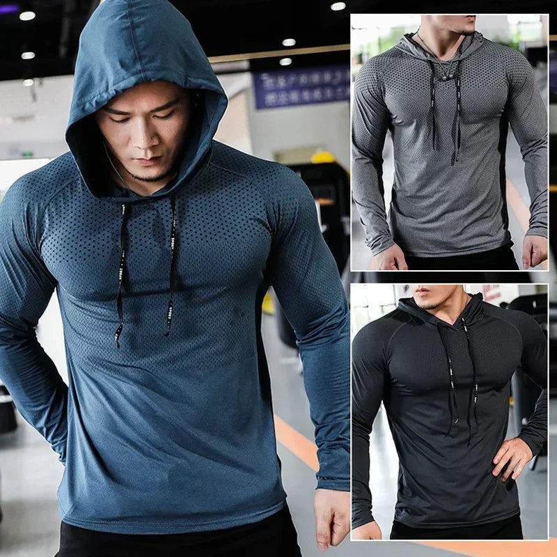 Mens Fitness Tracksuit Running Sport Hoodie Gym Joggers Hooded Outdoor Workout Athletic Clothing Muscle Training Sweatshirt Tops - WILKYs