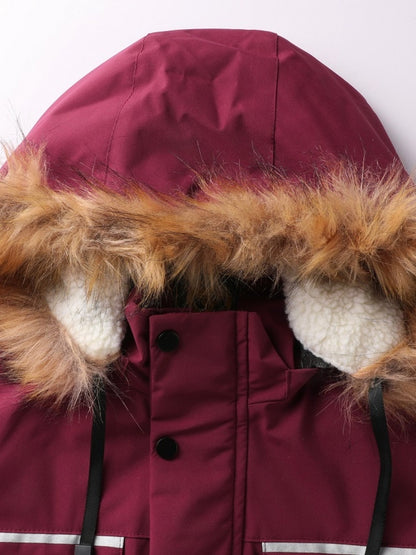 Men'S Winter Windbreaker Jacket with Warm Hood - Maroon Zip - Up Outdoor Coat, Stand Collar, Multiple Pockets, Casual Sporty Design for Cold Weather, Winter Jacket - WILKYs