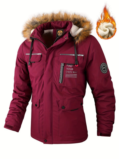 Men'S Winter Windbreaker Jacket with Warm Hood - Maroon Zip - Up Outdoor Coat, Stand Collar, Multiple Pockets, Casual Sporty Design for Cold Weather, Winter Jacket - WILKYs