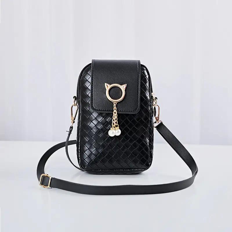 Mobile Phone Bags Women Woven Pearl Tassel Cover Type Crossbody Shoulder Bag - WILKYs