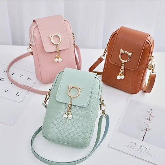 Mobile Phone Bags Women Woven Pearl Tassel Cover Type Crossbody Shoulder Bag - WILKYs