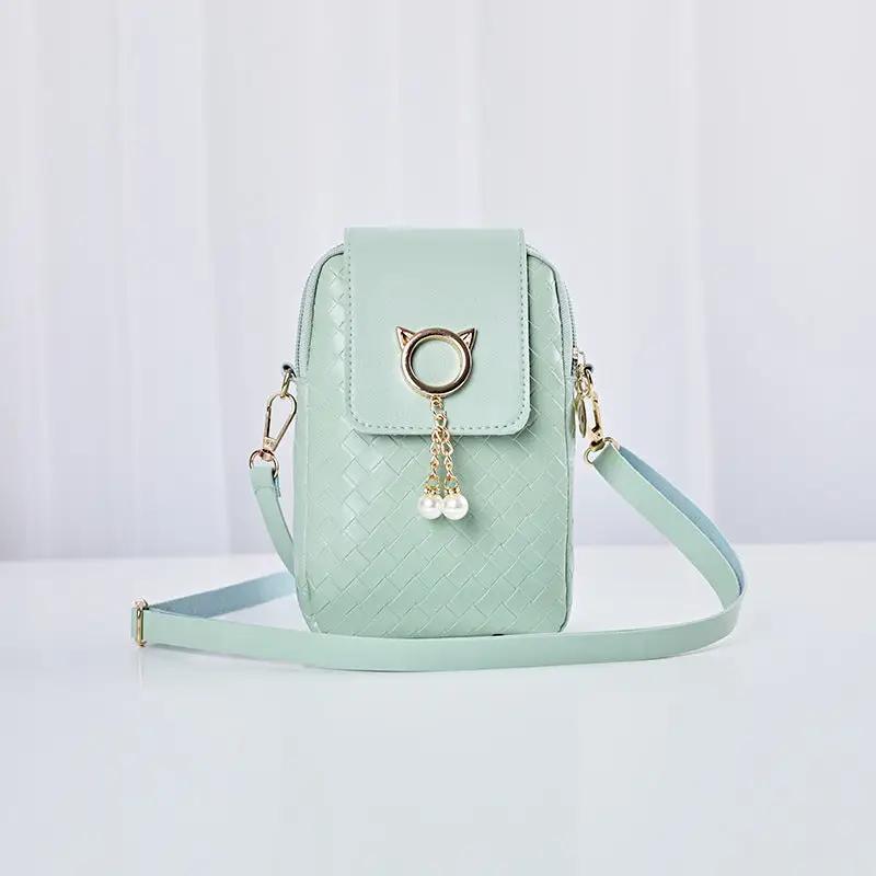 Mobile Phone Bags Women Woven Pearl Tassel Cover Type Crossbody Shoulder Bag - WILKYs