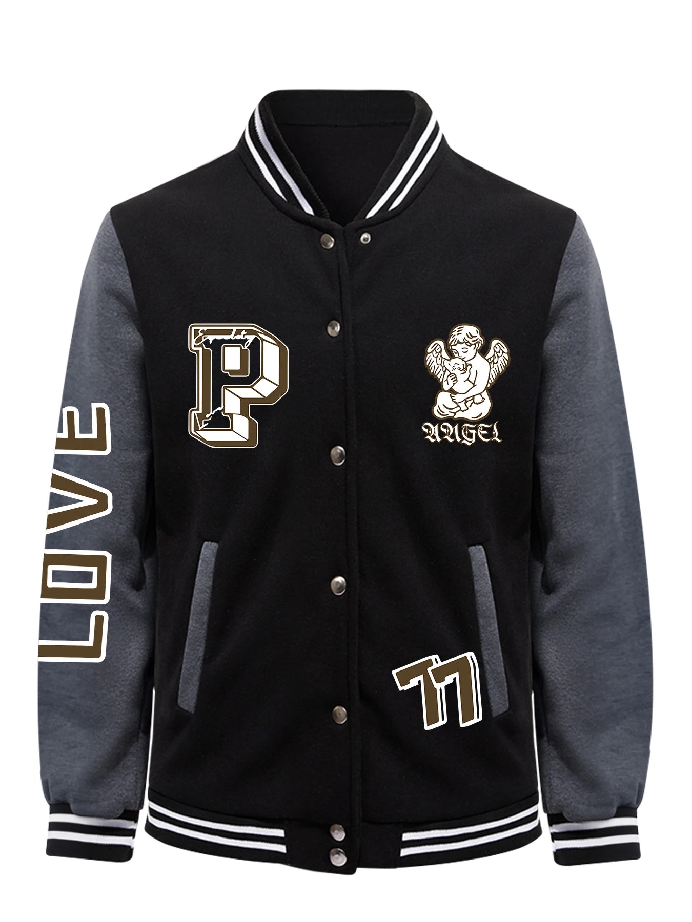 Number 77 And Cupid, The Goddess Of Love Print Baseball Jersey Male Trendy Button Top Vintage Loose Jacket Fleece Soft Clothes - WILKYs