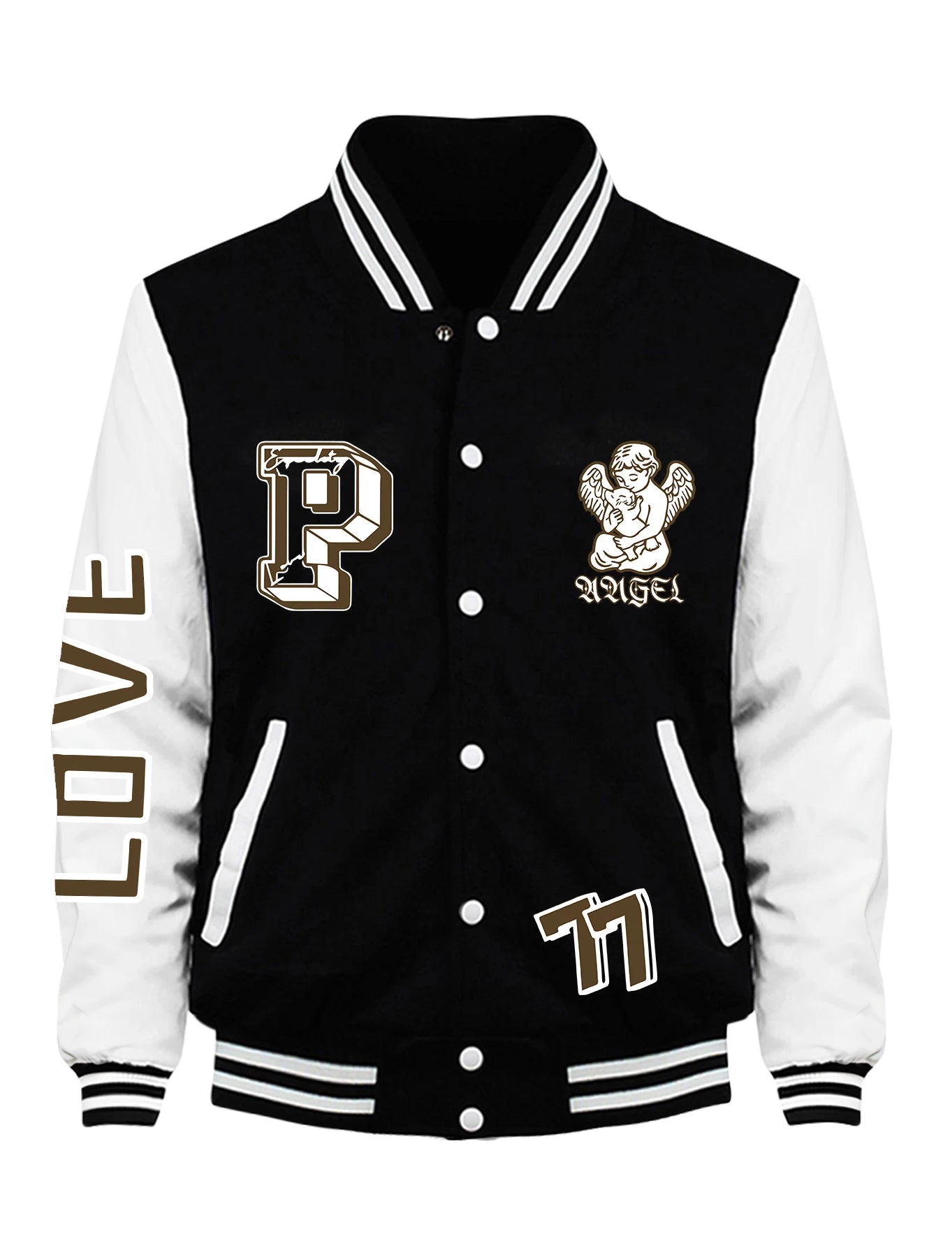 Number 77 And Cupid, The Goddess Of Love Print Baseball Jersey Male Trendy Button Top Vintage Loose Jacket Fleece Soft Clothes - WILKYs