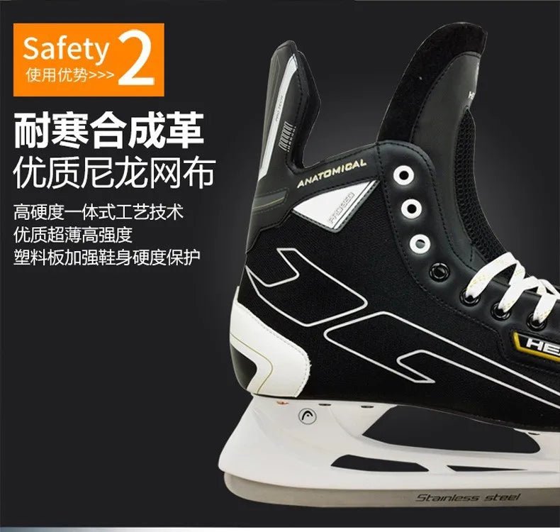 S180 Black Leather Ice Hockey Knife Blades Skates Shoes Patines With Real Ice Blade Adult Children Size 28 - 47 Beginners - WILKYs