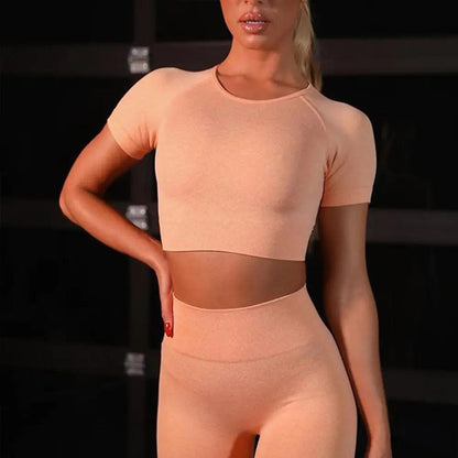 Seamless Yoga Sport Set Fitness Women Running Leggings Short Sleeve Tops - WILKYs