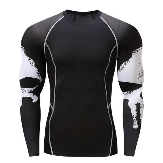 Skull Print Long Sleeve Men's Workout Clothes Stretch Quick Drying Clothes Basketball Riding Running Suit Round Neck Tight T-shirt - WILKYs