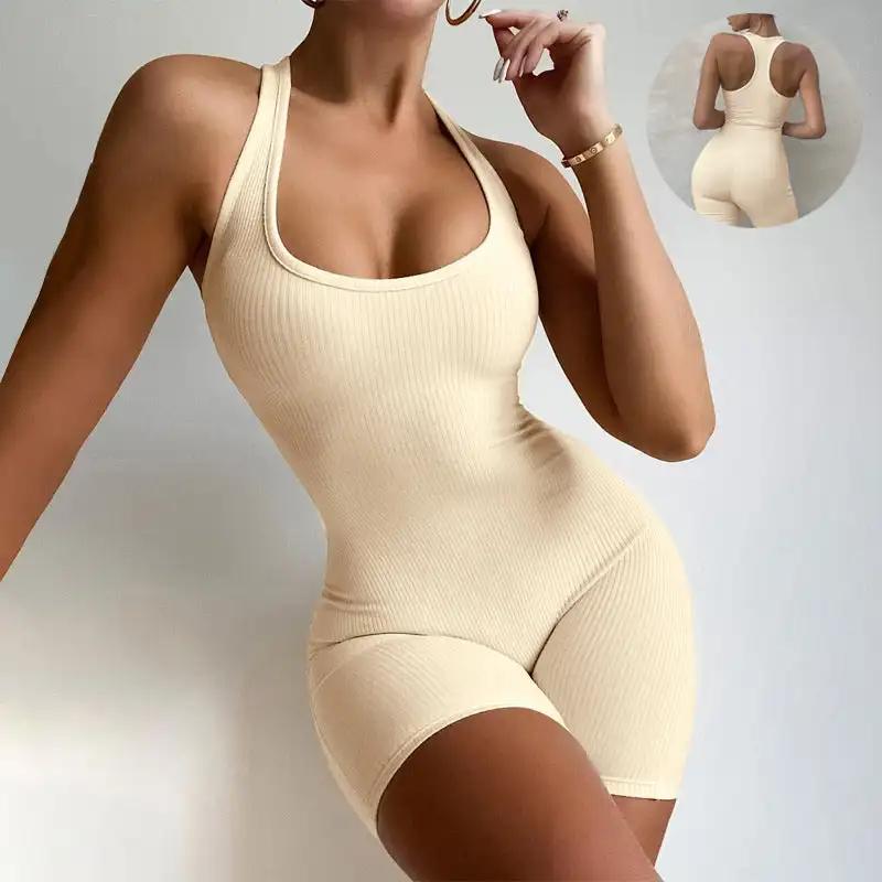 Sleeveless Backless Jumpsuit Colid Color Fitness Sports Yoga Leggings Shorts Bodysuits Women Slim Yoga One Piece Rompers - WILKYs