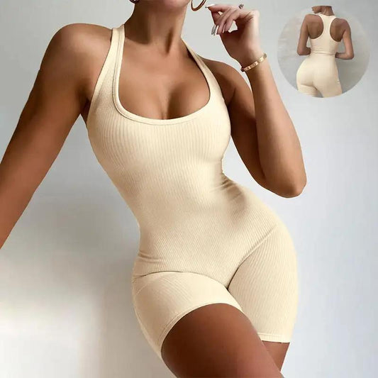 Sleeveless Backless Jumpsuit Colid Color Fitness Sports Yoga Leggings Shorts Bodysuits Women Slim Yoga One Piece Rompers - WILKYs