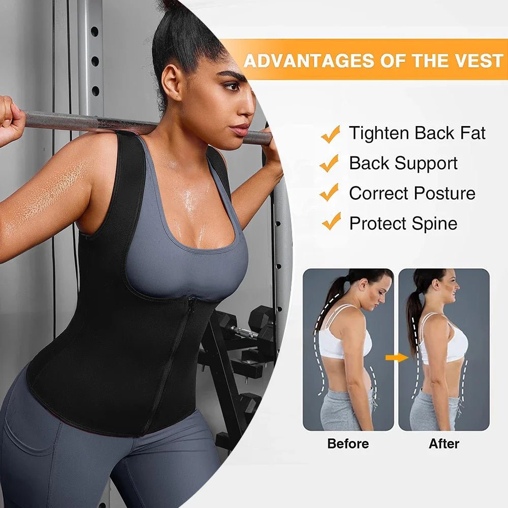 Sleeveless Sauna Suit with Zipper Women Waist Trainer Vest Sweat Tank Top Shaper Tummy Control Weight Loss Ladies Gym Clothing - WILKYs