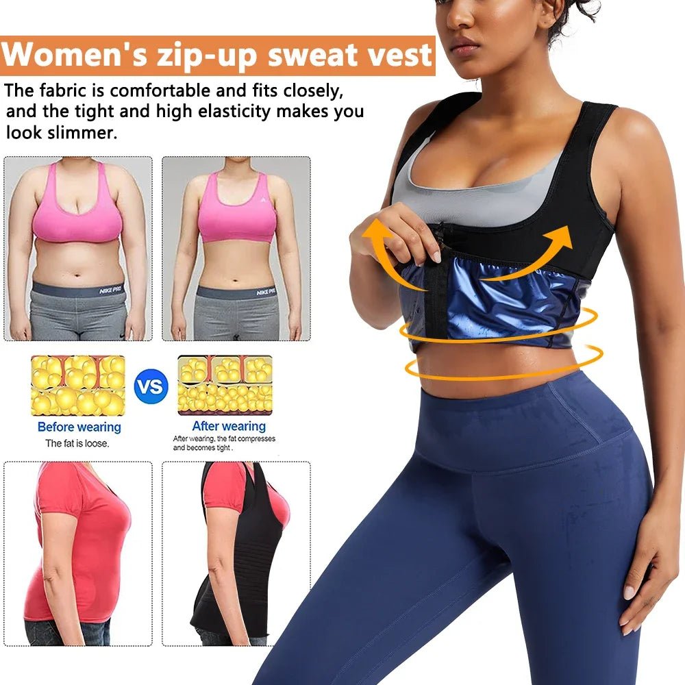 Sleeveless Sauna Suit with Zipper Women Waist Trainer Vest Sweat Tank Top Shaper Tummy Control Weight Loss Ladies Gym Clothing - WILKYs