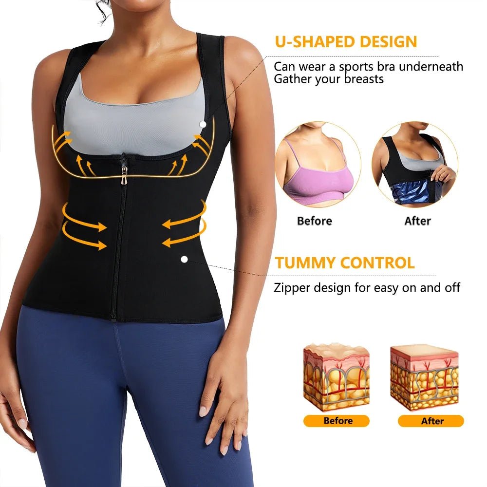Sleeveless Sauna Suit with Zipper Women Waist Trainer Vest Sweat Tank Top Shaper Tummy Control Weight Loss Ladies Gym Clothing - WILKYs