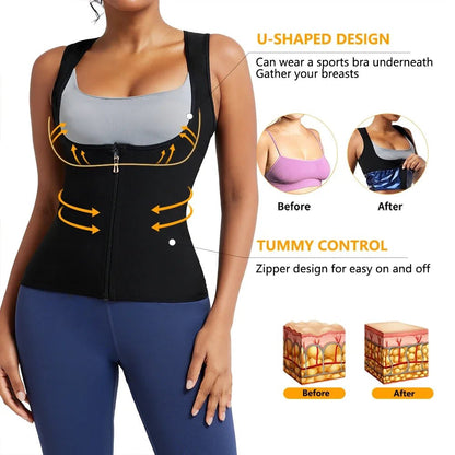 Sleeveless Sauna Suit with Zipper Women Waist Trainer Vest Sweat Tank Top Shaper Tummy Control Weight Loss Ladies Gym Clothing - WILKYs