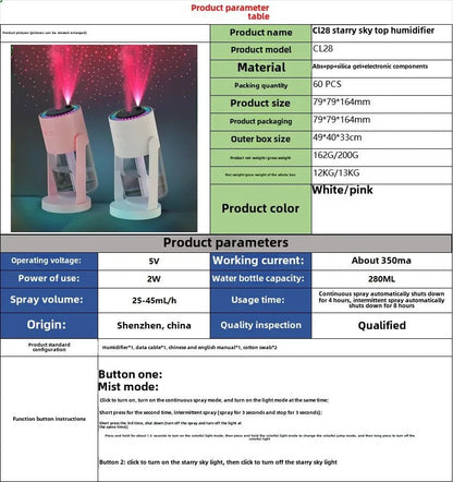 Star Projection Device Humidifier USB Ultrasonic Car Air Humidifier Household Hydrating Nebulizer - WILKYs