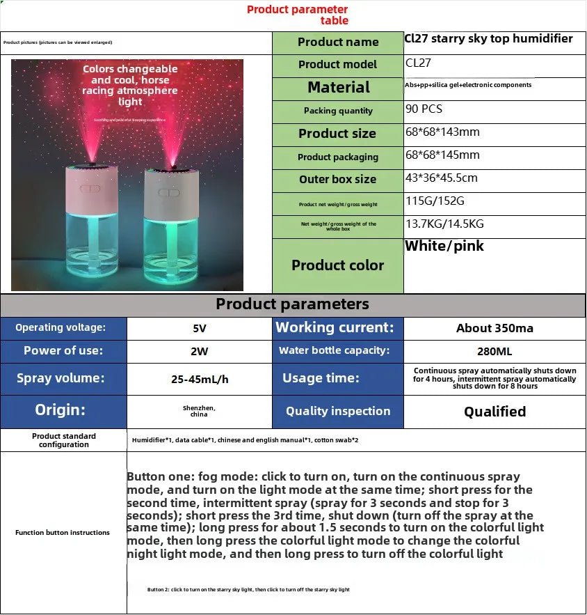 Star Projection Device Humidifier USB Ultrasonic Car Air Humidifier Household Hydrating Nebulizer - WILKYs