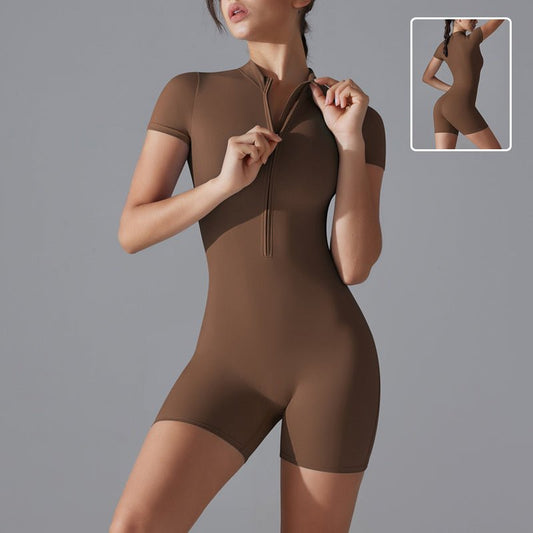Summer Zipper Short - sleeved Shorts Jumpsuit Yoga Fitness Dance Slim Sports Bodysuit Women Sports Clothing - WILKYs