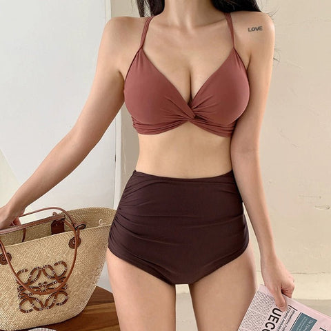 Swimsuit Female South Korea Ins Style Hot Springs Conservative Split Sexy Bikini High Waist Triangle Slimming Tummy Hiding Swimming Suit - WILKYs