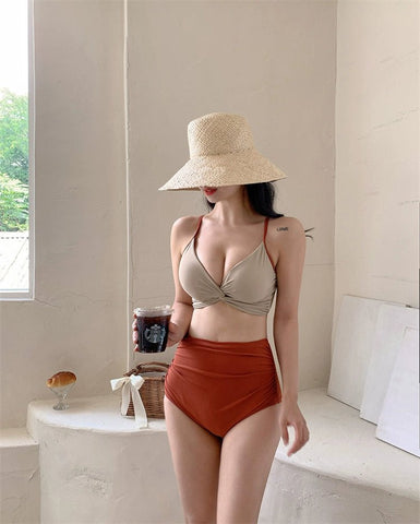Swimsuit Female South Korea Ins Style Hot Springs Conservative Split Sexy Bikini High Waist Triangle Slimming Tummy Hiding Swimming Suit - WILKYs