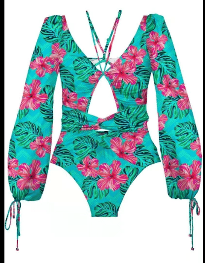 Vintage One Piece Swimsuit Female Long Sleeve Swimwear Women Plus Size Bathing Suit Print Bandage Summer Bathers Monokini - WILKYs