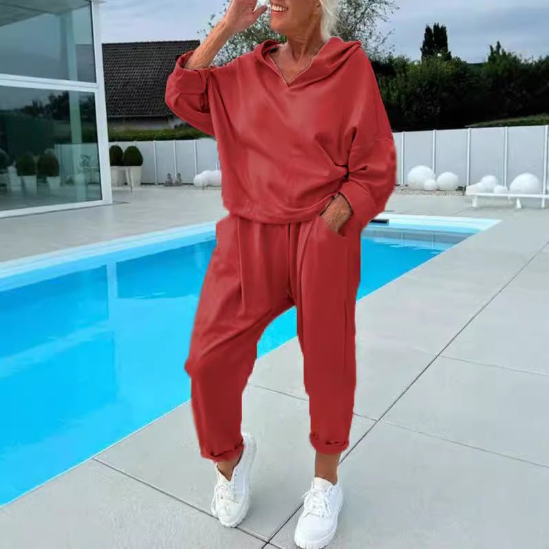 Women's Solid Color Hooded Sweatshirt Two - piece Set - WILKYs