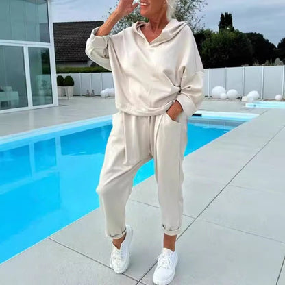 Women's Solid Color Hooded Sweatshirt Two - piece Set - WILKYs